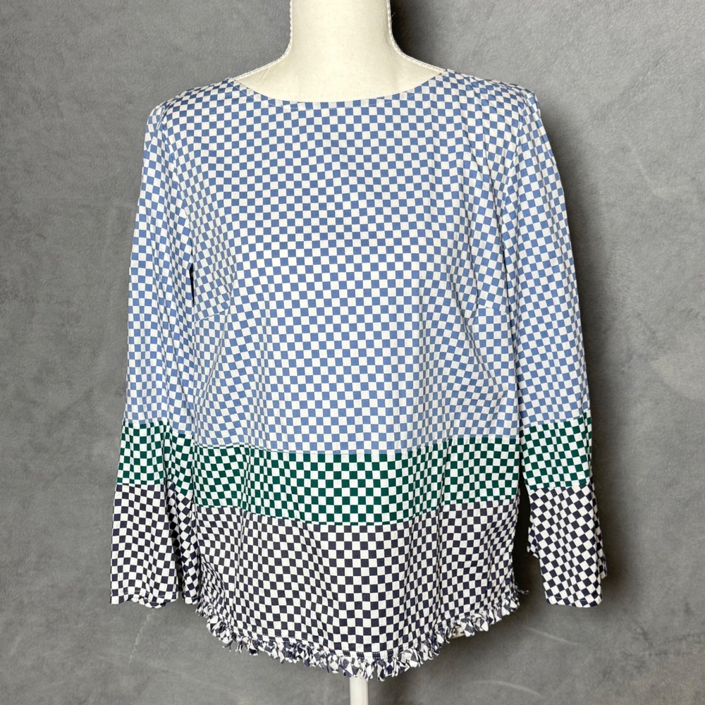 Marella Size 6 Blue Checkerboard Top Coastal Preppy Fringe Hem Blouse